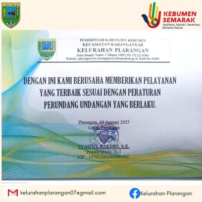 MAKLUMAT PELAYANAN PUBLIK KELURAHAN PLARANGAN