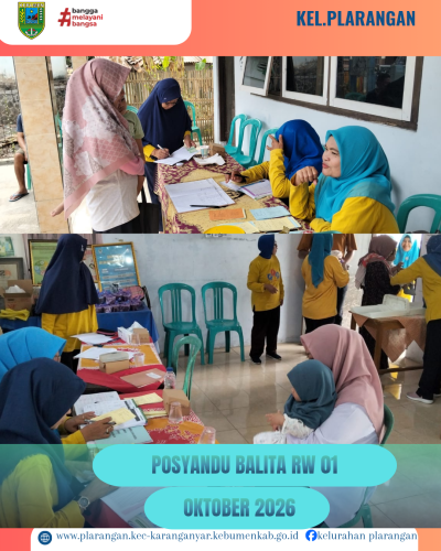 Posyandu Balita RW 1 Kelurahan Plarangan bulan Oktober 2026