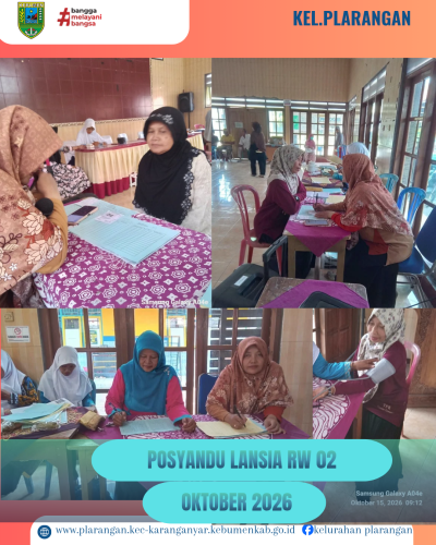 Posyandu Lansia RW 02 di Balai Kelurahan Plarangan bulan Oktober 2026