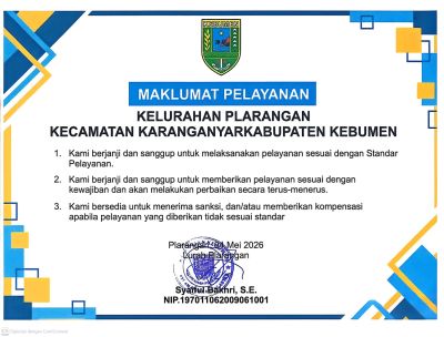 MAKLUMAT PELAYANAN KELURAHAN PLARANGAN